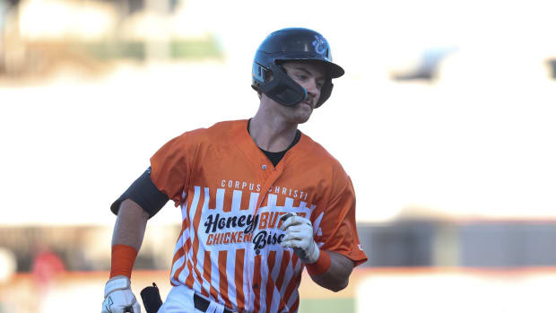 Hooks center fielder Jacob Melton rounds third base after hitting a home run on Wednesday, Sept. 6, 2023, at Whataburger Field in Corpus Christi, Texas.
